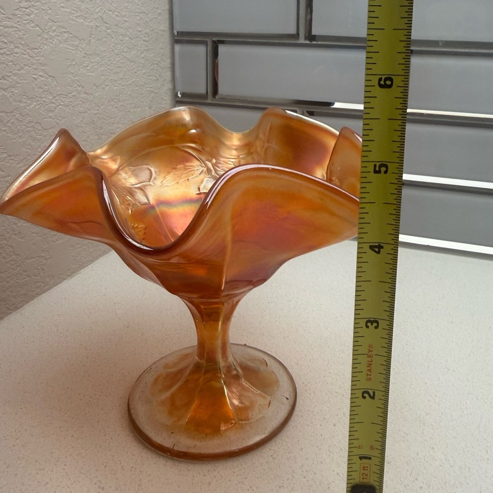 Vintage Carnival Glass Marigold Ruffled Edges Footed Bowl Iridescent Floral - Picture 17 of 17